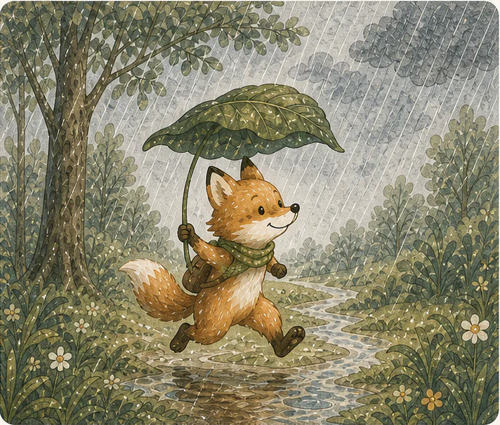 小狐狸在雨中撑着叶子前行的绘本内页